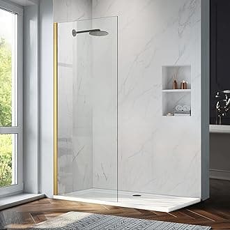 Bathroom Shower Glass Door Panel, 34" W×74" H Fixed Frameless Shower Glass Door, 5/16"(8mm) Thick Clear Tempered Glass Door Screen, Brushed Gold
