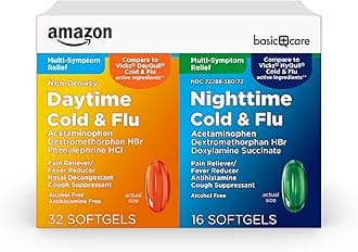 Amazon Basic Care Cold and Flu Relief, Daytime and Nighttime Combo Pack Softgels for Multi-Symptom Relief, Sore Throat, Cough, Nasal Congestion, Headache, 48 Count (Pack of 1)