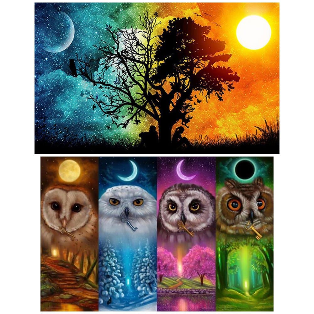 CCMART 2 Pack DIY 5D Diamond Painting by Number Kit,Crystal Rhinestone Full Drill Embroidery Cross Stitch Arts Craft Canvas for Home Wall Decoration(51 x 36cm Moon and Sun & 46 x 36cm Four Season Owl)