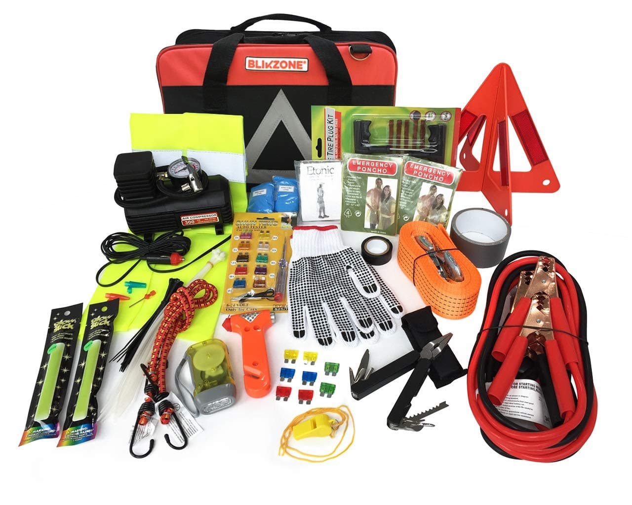 Blikzone Clasic 81- Pc Auto Roadside Assistance Emergency Essentials Car Kit, Truck & RV, with Tire Repair Kit • Jumper Cables • Portable Air Compressor • Tow Strap • Emergency Triangle