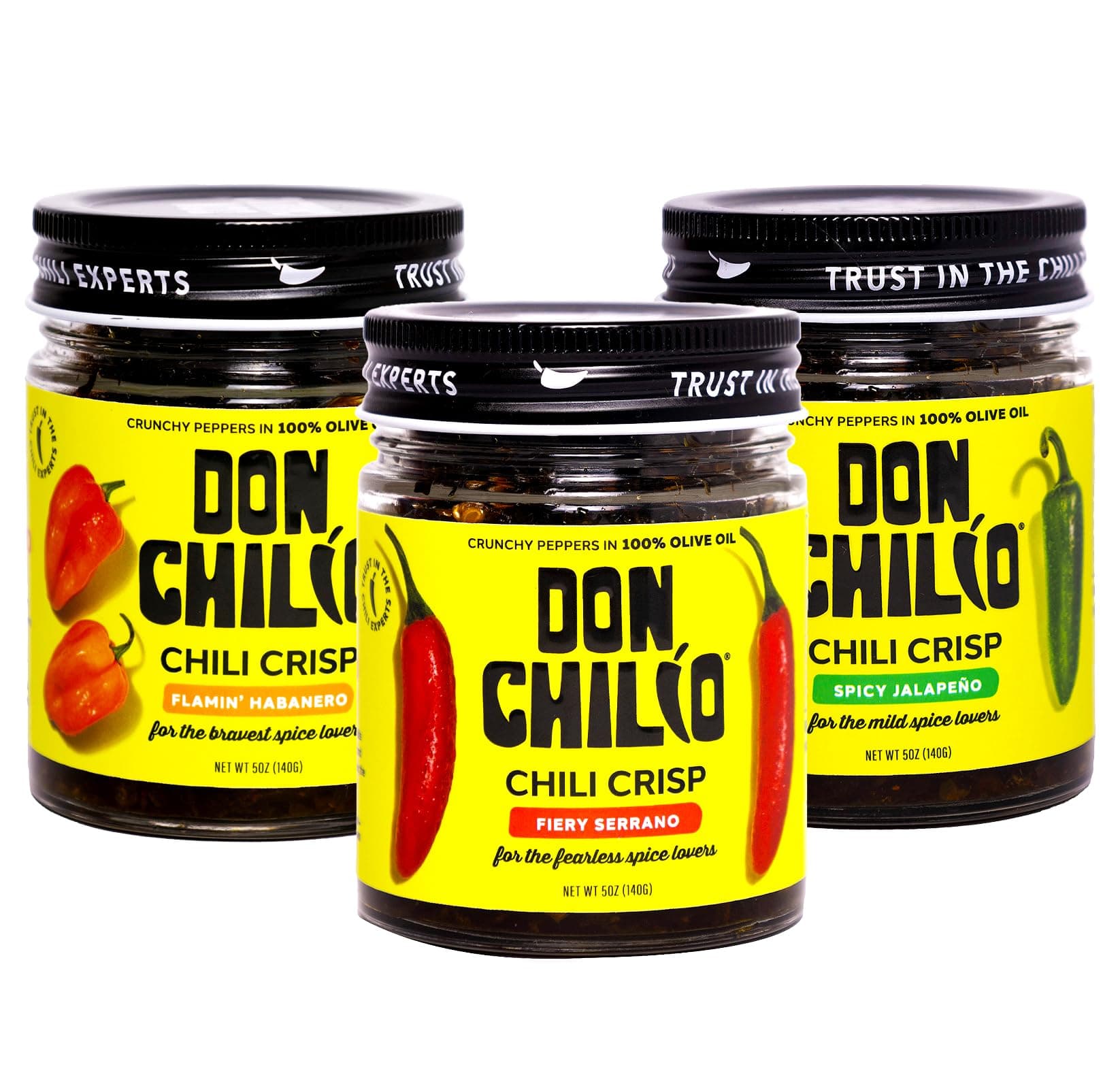 - Mexican Chile Crisp Variety Bundle, 5 oz., 3 Pack – Crunchy Sliced Habanero, Jalapenos & Serrano Fried Chili Peppers in Hot Seasoned 100% Olive Oil – Keto-Friendly, Vegan, Gluten Free