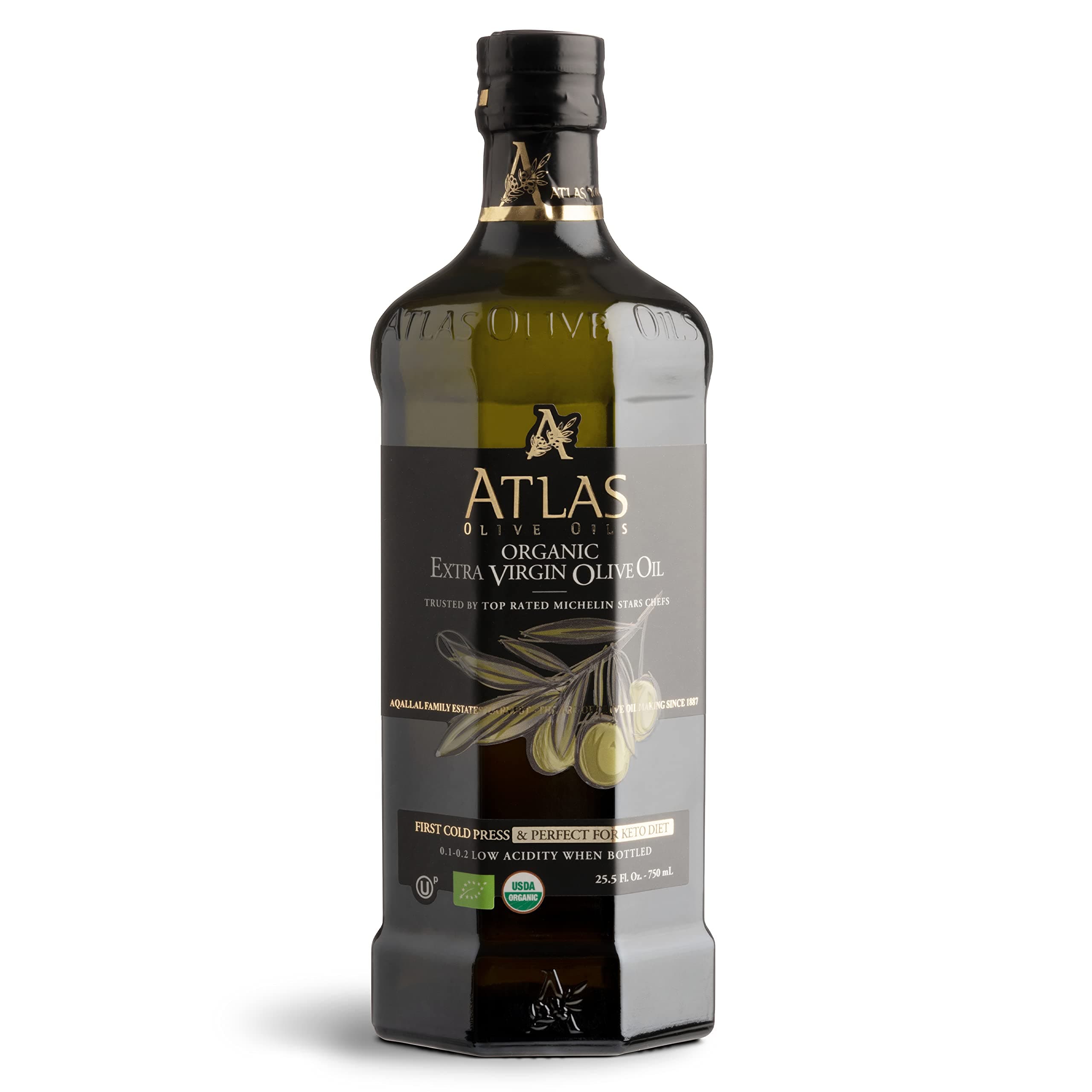 A ATLAS OLIVE OILS Organic Cold Press Extra Virgin Olive Oil with Polyphenol Rich, Newly Harvested Unprocessed from One Single Family Farm Cold Press Ext. Virgin 25.5 Fl Oz (Pack of 1)