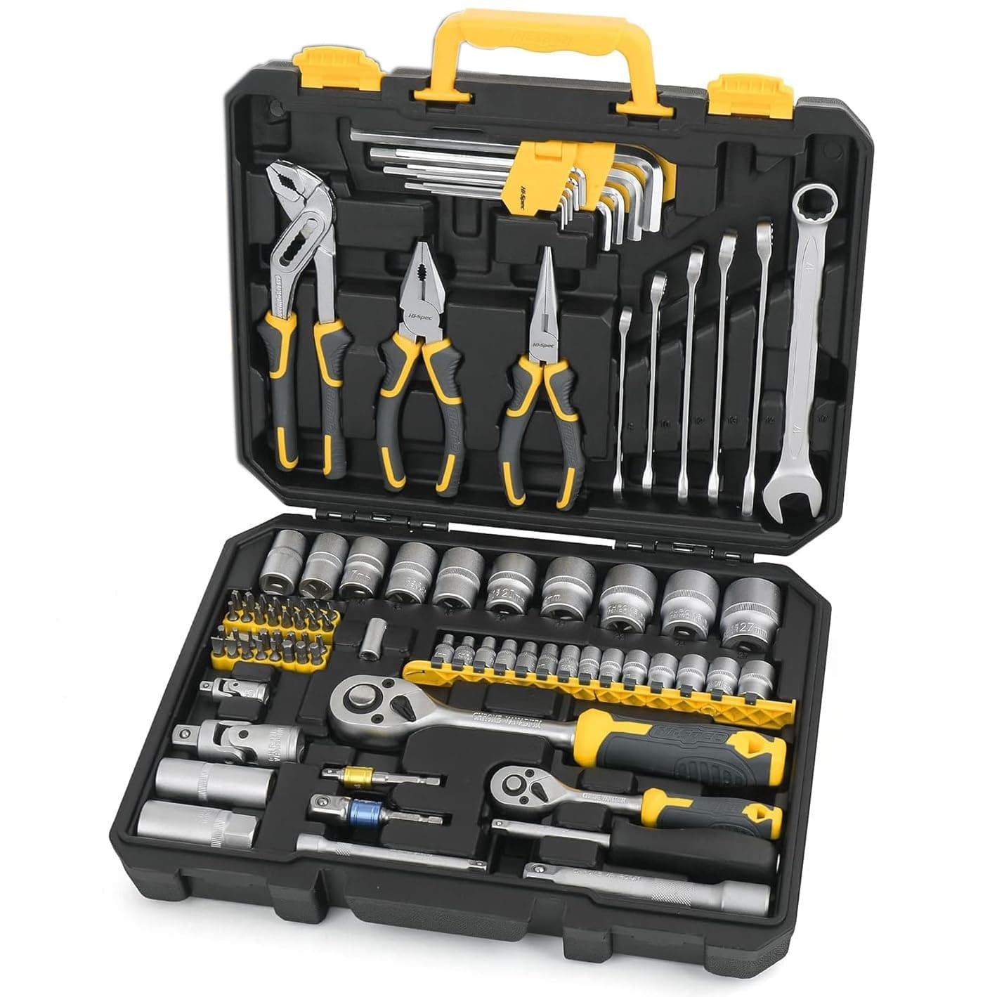 89 Pc Mechanic Tool Set with Motorcycle and Car Tools. Includes Hand Tool Kit, Screwdriver and Socket Set, Allen Key, Ratchet and Adjustable Wrench in a Plastic Storage Tool Box