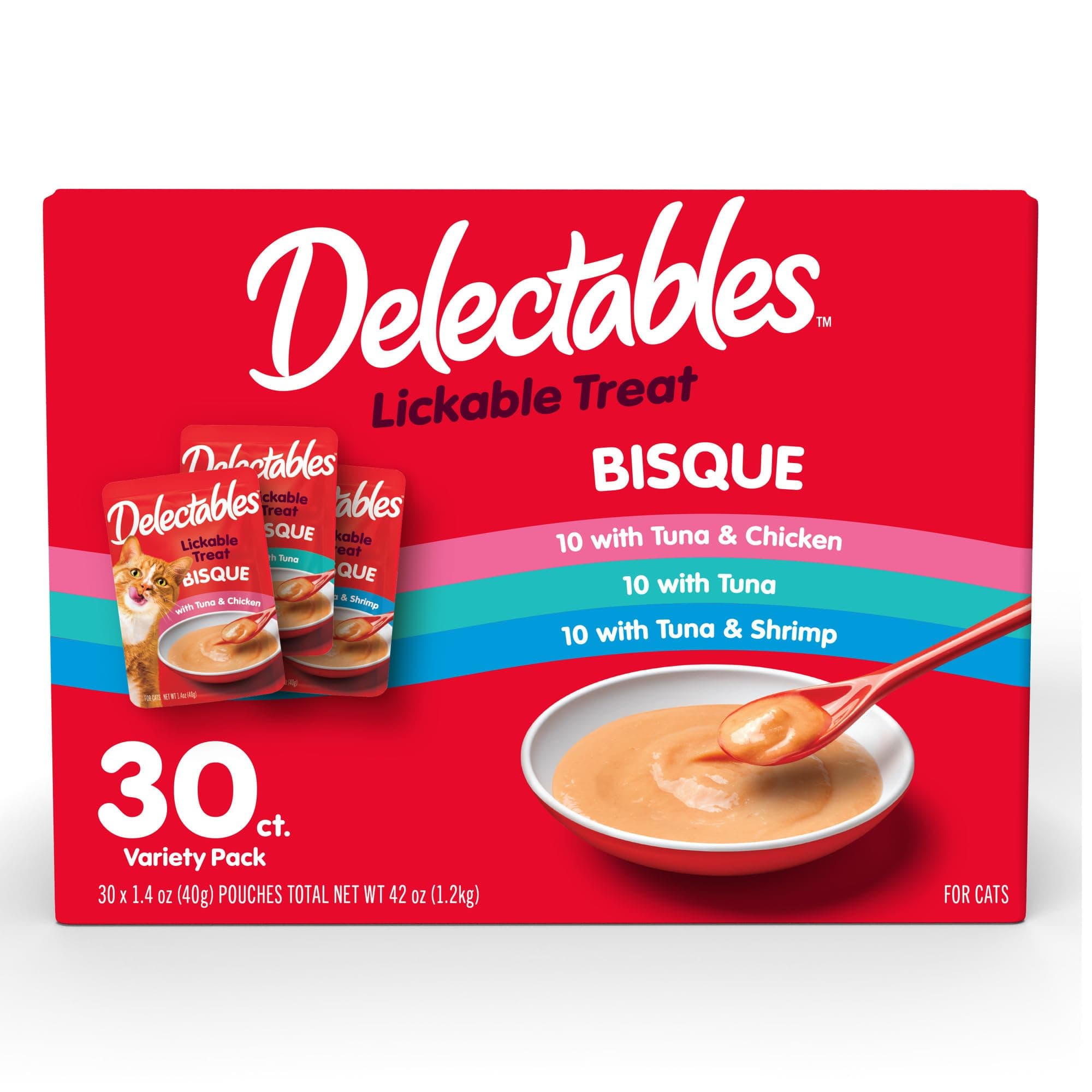 Delectables Lickable Treat Bisque Wet Cat Treat Variety Pack, Food Topper, Hydrating, Grain-Free, No Fillers, No By-Products, No Added Preservatives, 1.4oz Pouch, 30ct