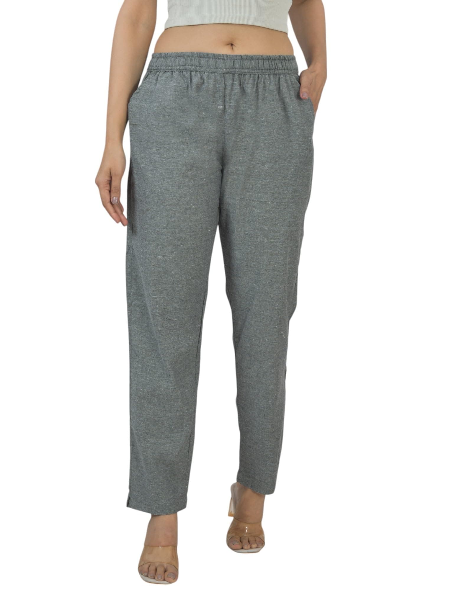 Qashida Women's Cotton Linen Pants, Regular Fit, Fully Elasticated, 2 Side Pockets