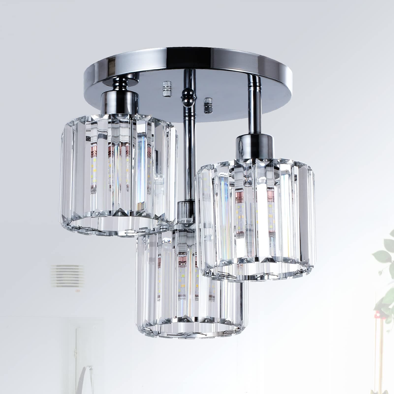 Modern Crystal Chandeliers Ceiling Light, 3-Lights Crystal Ceiling Lights Living Room, Chrome Semi Flush Ceilings Light Fittings for Hallway, Bathroom, Bedroom, Foyer, Kitchen Light Fixture
