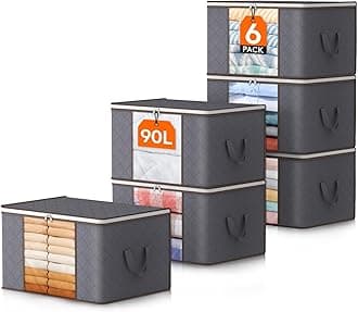 90L Large Capacity Clothes Storage Bags Organizer with Reinforced Handle, Foldable Clothing Storage for Comforters, Blankets, Bedding, with Sturdy Zipper, Clear Window, 6 Pack, Grey