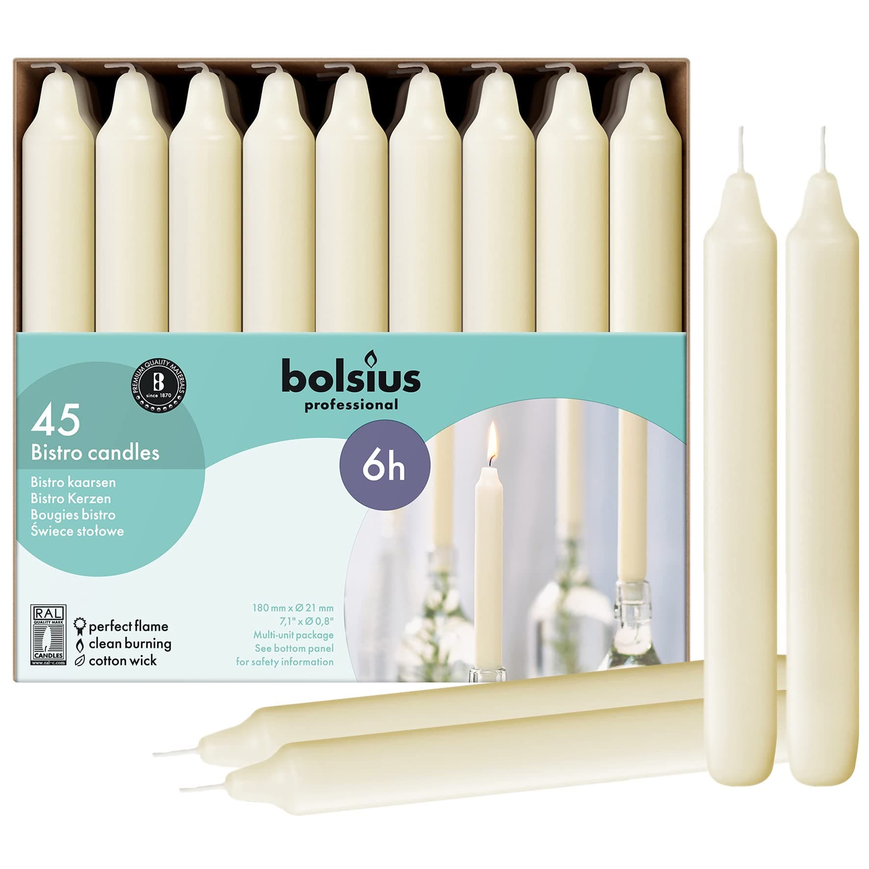 Ivory Household Candles Bulk Pack 45 Count - Unscented Dripless 7 Inch Dinner Candlesticks - 6+ Hours Burn Time - Premium European Quality - Consistent Smokeless Flame - 100% Cotton Wick
