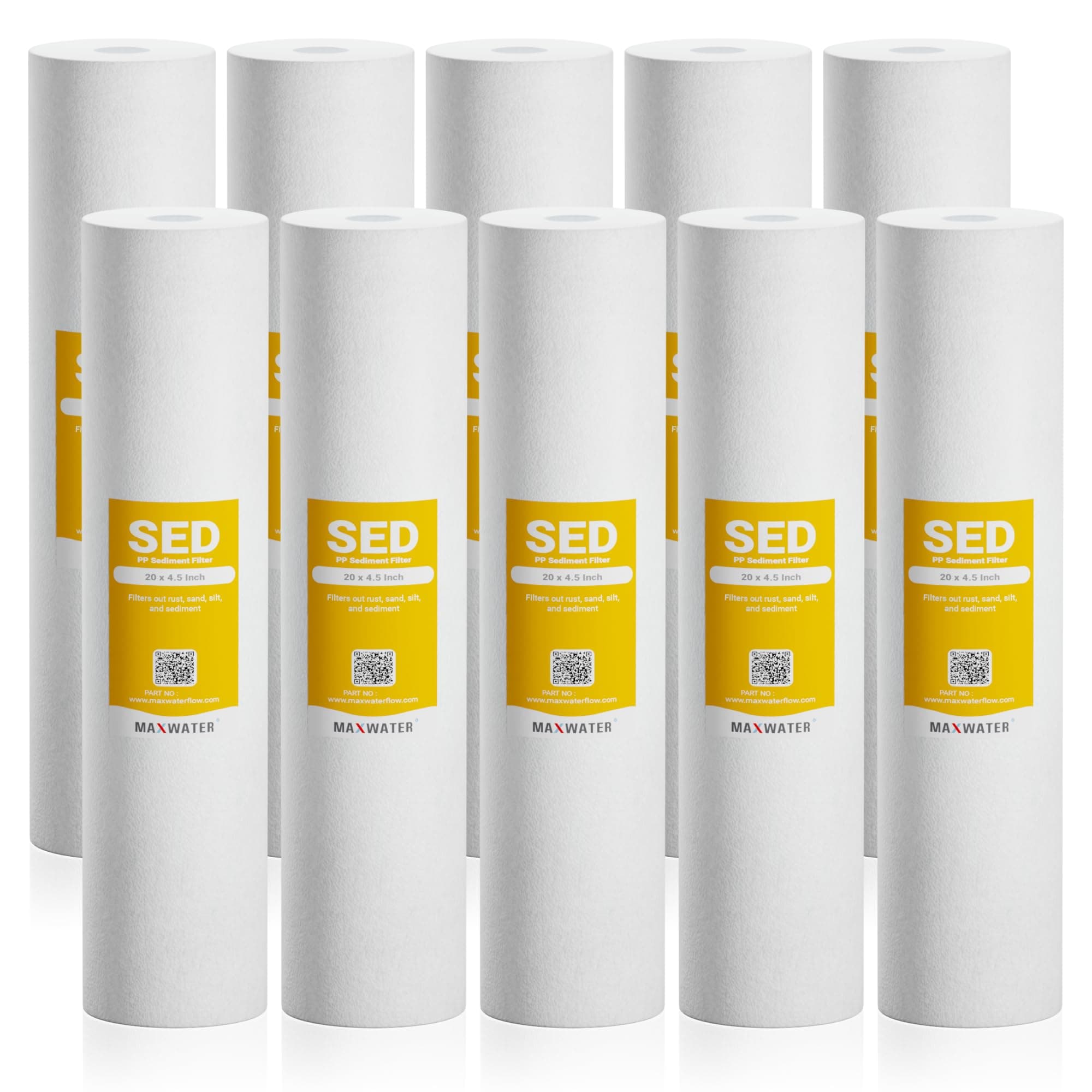 Max Water 1 Micron 20" x 4.5" Sediment Filter - 20 inch Whole House Water Filtration System Replacement Cartridge Compatible with DGD-5005-20, FP25B, AP810-6, P5-20, 155358-43, SDC-45-2005 - 10 Pack