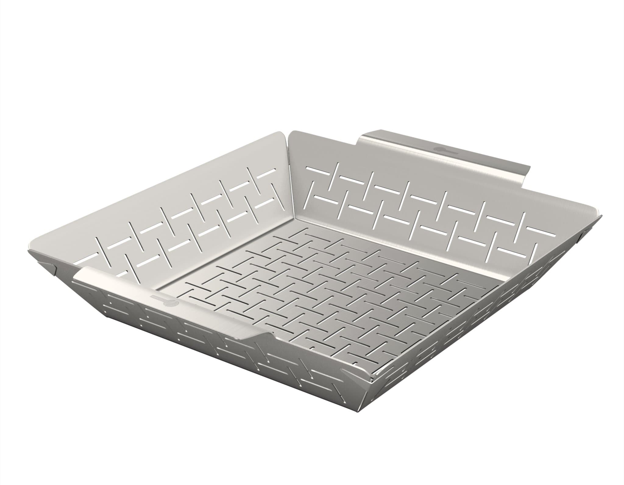 Cave Tools Vegetable Grill Basket - Dishwasher Safe Stainless Steel - Large Non Stick BBQ Grid Pan for Veggies Meat Fish Shrimp & Fruit - Best Barbecue Wok Topper Accessories Gift for Dad