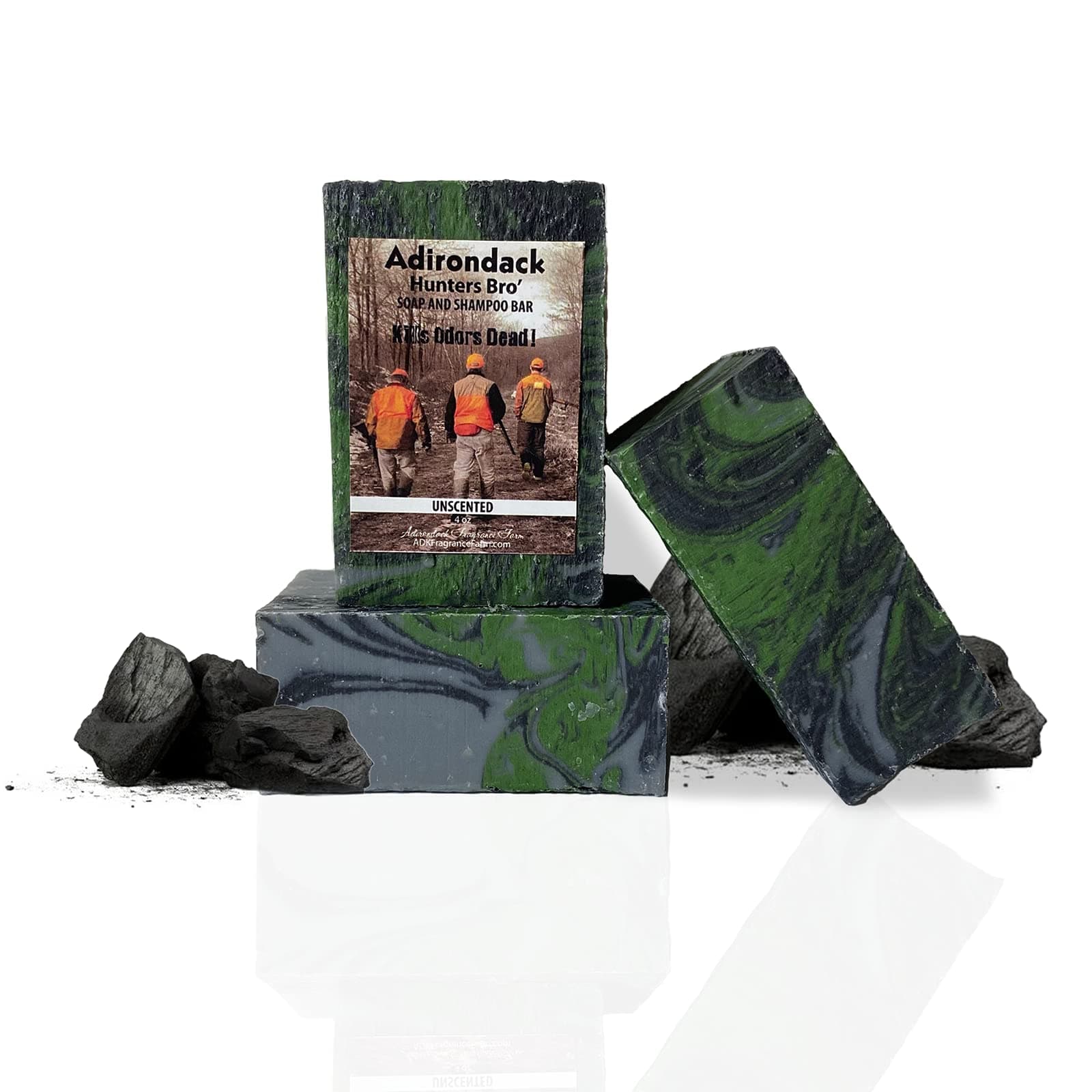 ADK Hunter Bro Unscented Camo Soap Bar, Artisan All-Natural Hunting Soap 3-in-1 Body Wash, Soap Shampoo and Conditioner, No Scent Soap Kills Odors Dead, Hunting Scent Eliminator Soap with Activated Charcoal is a No Odor Human Scent Removal Gift, 4 Oz