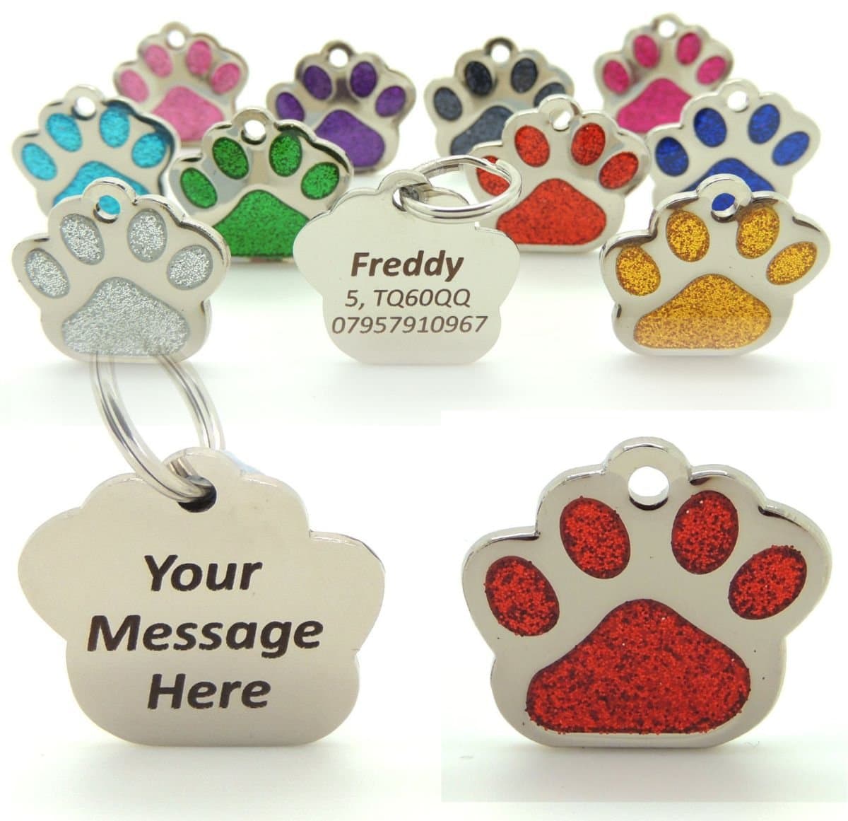 Personalised Engraved Red 27mm Glitter Paw Print Shaped Tag BOLD BLACK LETTERING Dog Cat Pet ID Tags (Red)