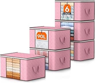 Lifewit90L Large Storage Bags, 6 Pack Closet Organizers and Storage, Clothes Storage Bins with Lids, Foldable Storage Containers with Reinforced Handles for Clothing, Blanket, Bedding, Comforter Pink