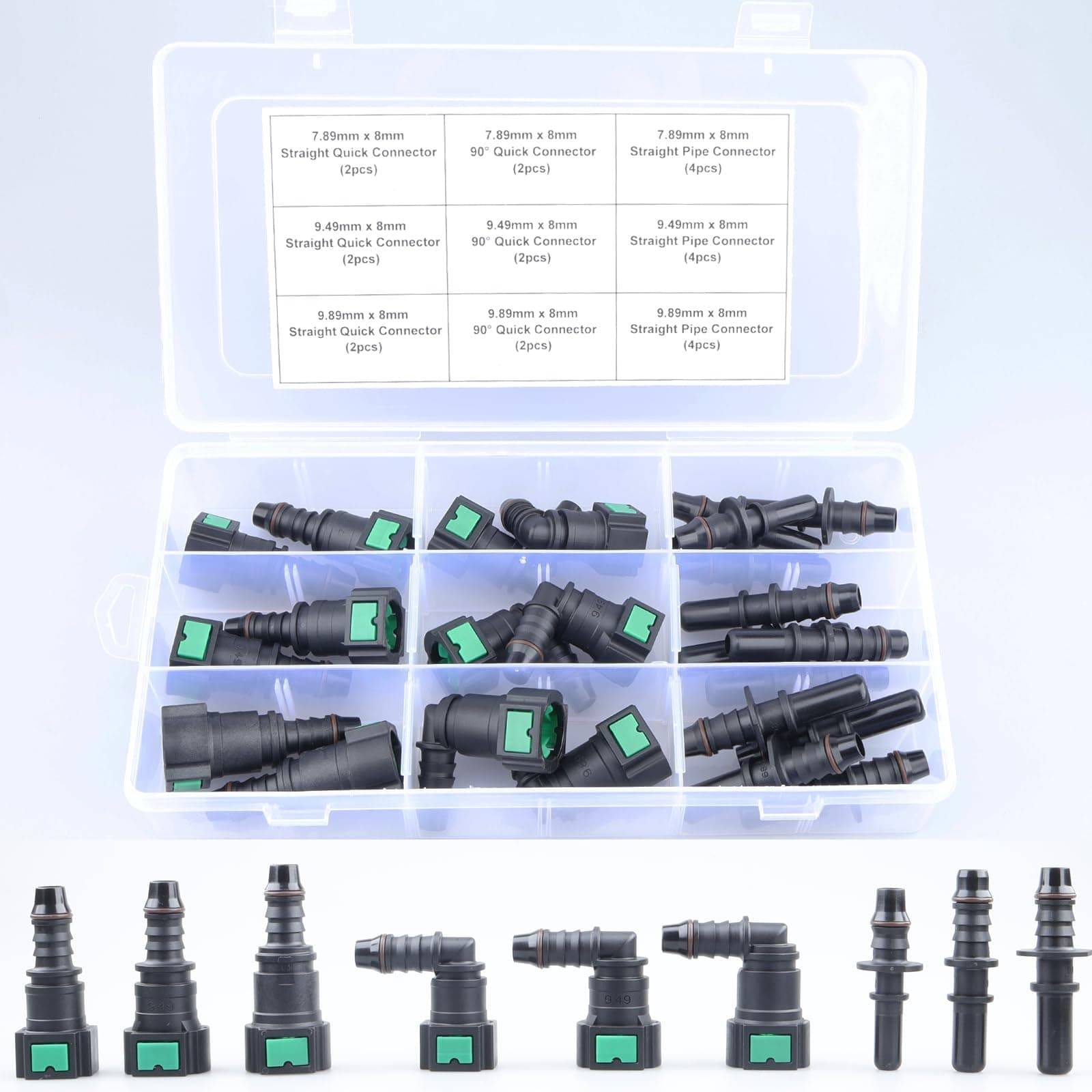 AC PERFORMANCE 24PCS Assorted Fuel Line Quick Connector Kit, SAE 7.89mm & 9.49mm & 9.89mm to 8mm