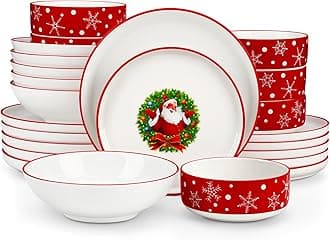 MALACASA 24-Piece Christmas Dinner Sets for 6 People, Santa Claus Ceramic Plates and Bowls Set with Dinner Plates/Dessert Plates/Soup Bowls/Cereal Bowls, Holiday Tableware for Family Gatherings