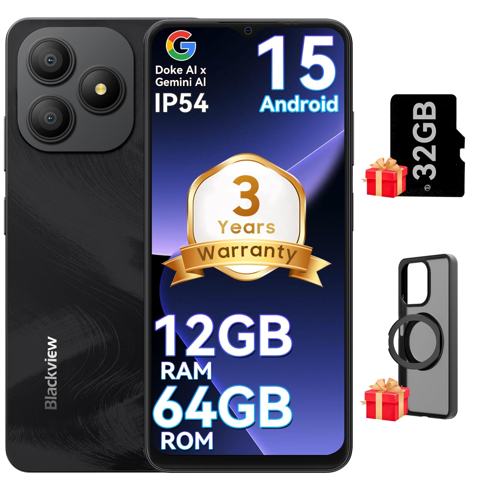 Wave 9C Unlocked Android Phones, Android 15 Cell Phone Unlocked, 6.56" Smart Phones, T-Mobile Phone, 12+64GB/2TB，13MP+8MP，5000mAh，Fingerprint/Face ID, Black