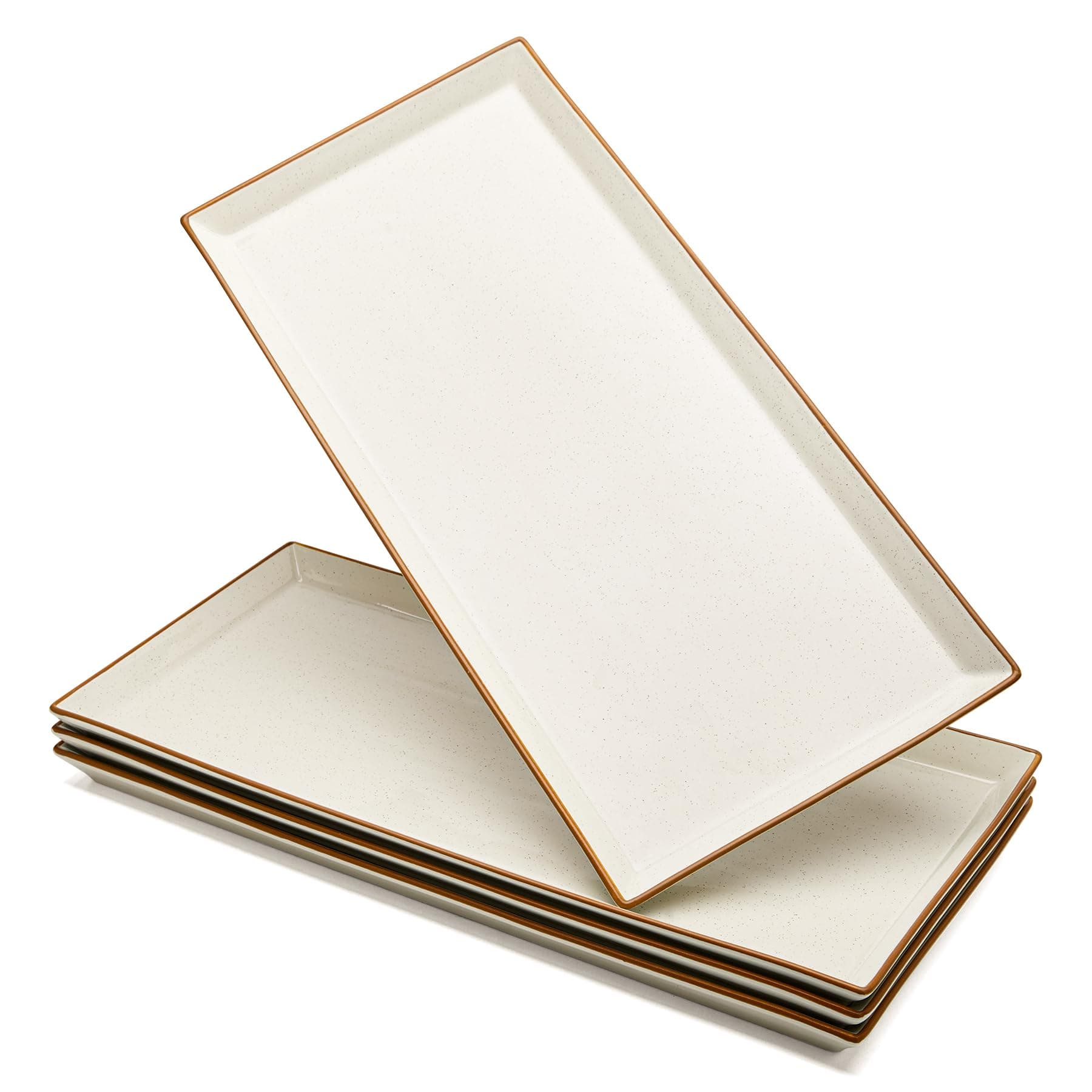 Sweese Serving Platters, Porcelain Vanilla White with Brown Trim Serving Trays for Parties, Food and Turkey, Large Rectangular Plates - 15.5 Inch, Set of 4