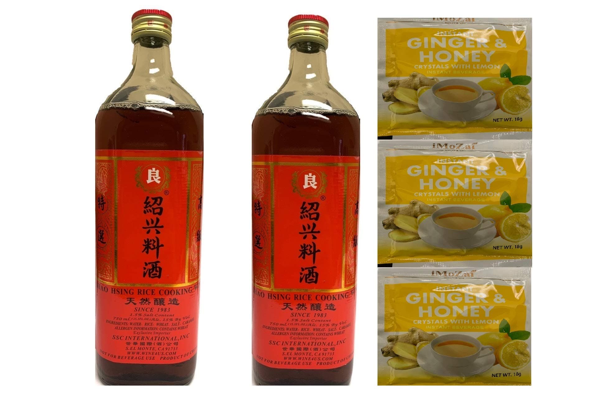Shaoxing Rice Cooking Wine 750ml Pack of 2 Additional 3 Pack Ginger Honey Crystals