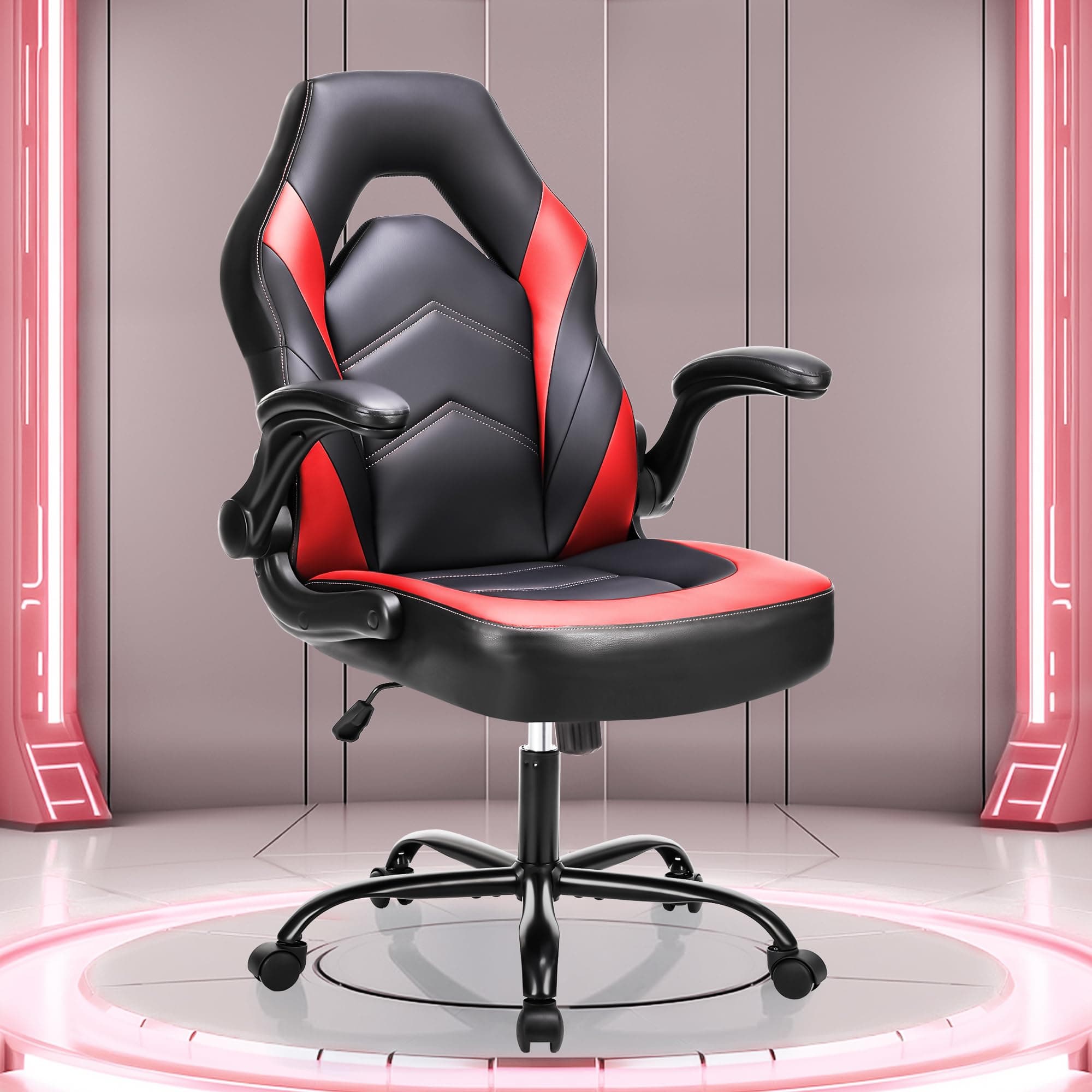OLIXIS Computer Gaming Desk Chair - Big and Tall Ergonomic Comfy Lumbar Support with Flip-up Armrest and 360° Swivel Wheels, PU Leather Height Adjustable, for Home and Office, Red