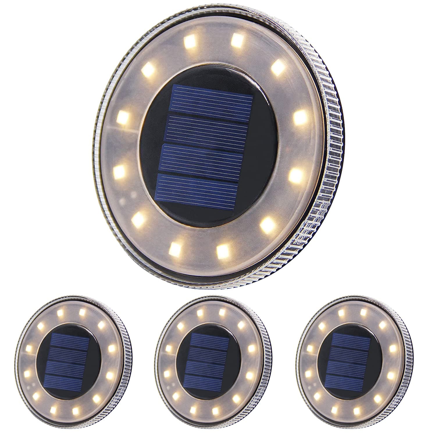 Solar Light Outdoor Ground Disk Lamp 4pcs 12 LEDs Wireless Waterproof for Path Gargen Landscape Lighting with 4 Spike (Warm Light)