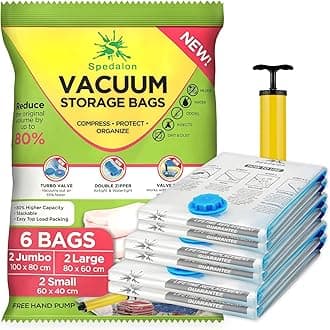 Spedalon Vacuum Storage Bags for Clothes, Duvet, Bedding, Pillows, Mattress - Pack of 6 (2 Jumbo + 2 Large + 2 Small) Space Sealer Bags - Moving bags with Free Hand Pump for House & Travel Packing