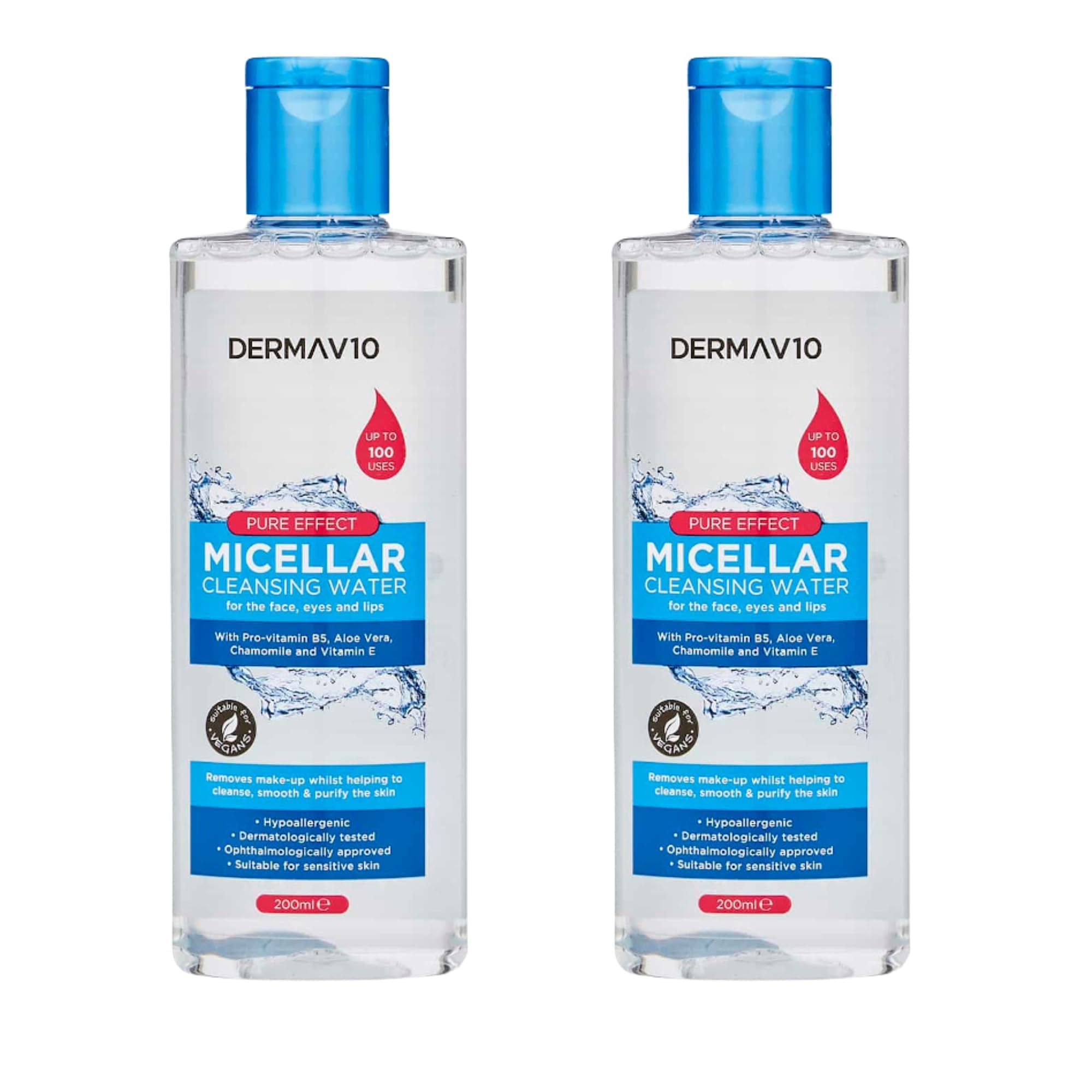 Derma V10 Pure Effect Micellar Cleansing Water 200ml - Pack of 2 for Triple the Gentle and Effective Skincare Solution