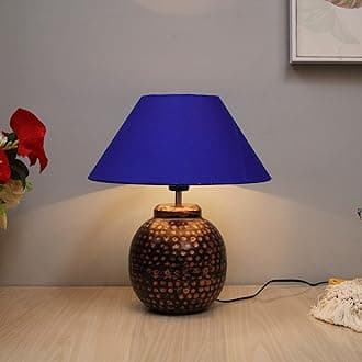 Homesake Antique Table Lamp Incandescent Hammered Oil-Rubbed Bronze Metal Linen Drum Shade For Living Room Family Bedroom, (Ginger Jar, Blue )