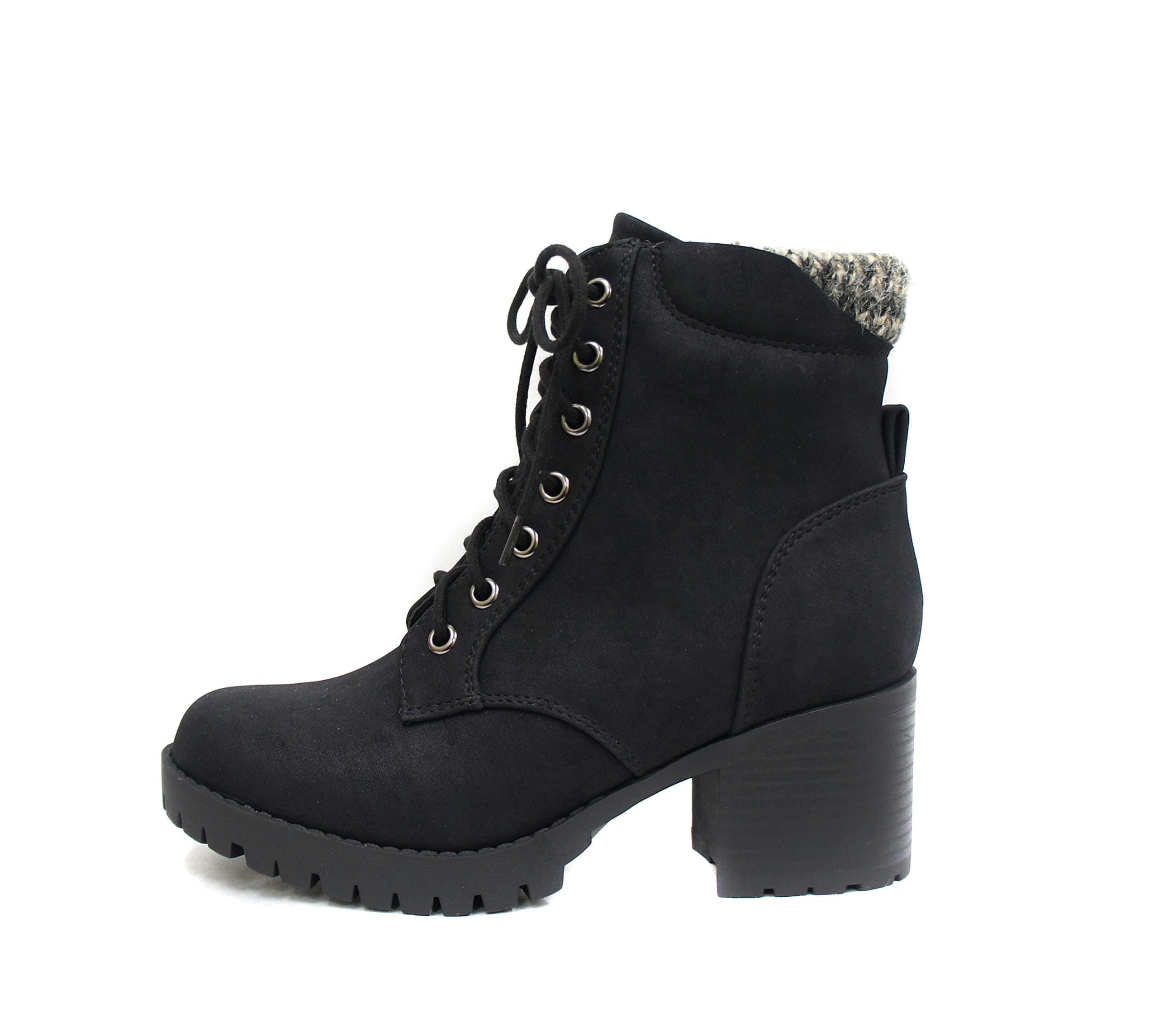 Single Lug Sole Chunky Heel Combat Ankle Boot Lace up w/Side Zipper