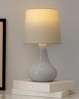 Modern Small Ceramic Table Lamp, Classic Bedside Desk lamp for Living Room Bedroom, Farmhouse Nightstand Lamps with Fabric Shade (Gray)