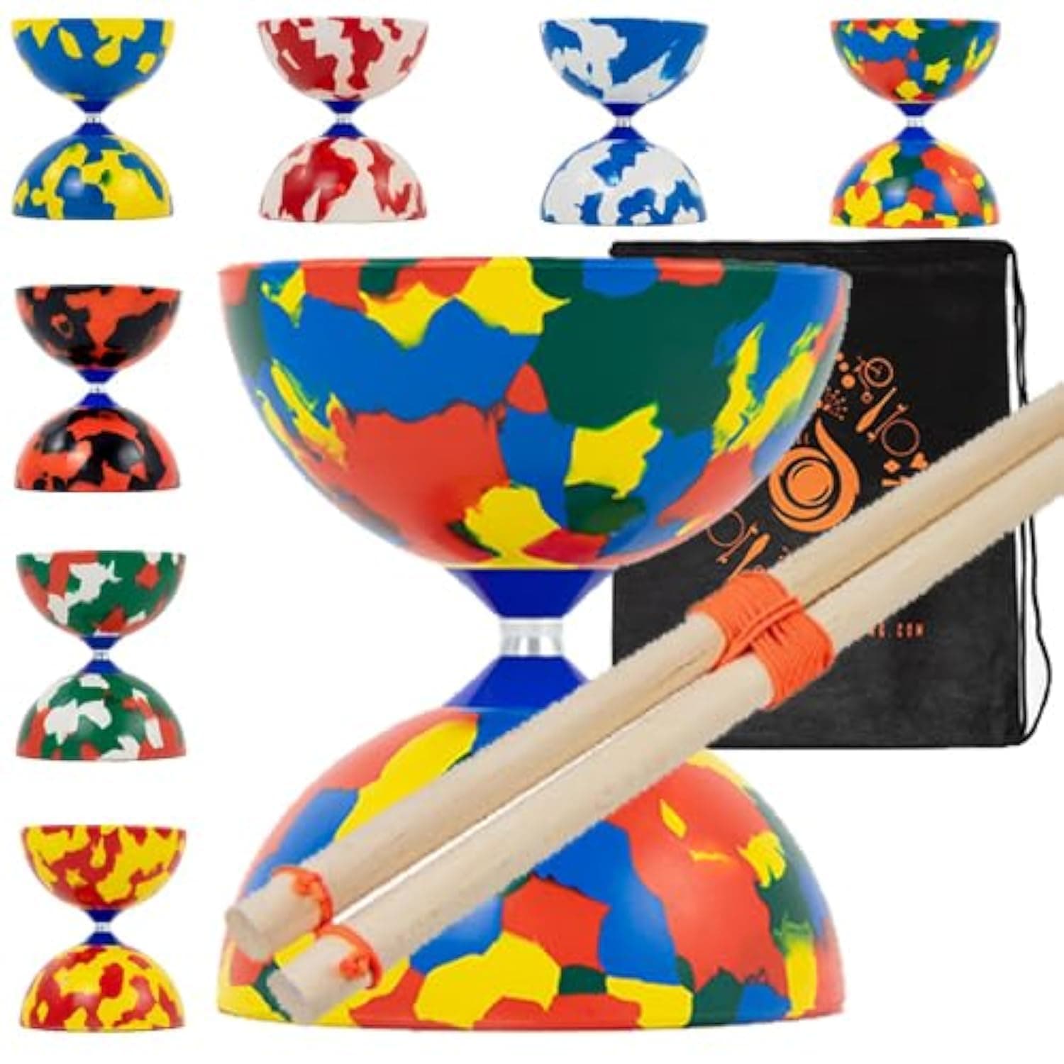Jester Diabolo Set with Wood Sticks - Pro Medium Rubber Diablo Set With Wooden Handsticks and Cascade Carry Bag (Multicoloured)