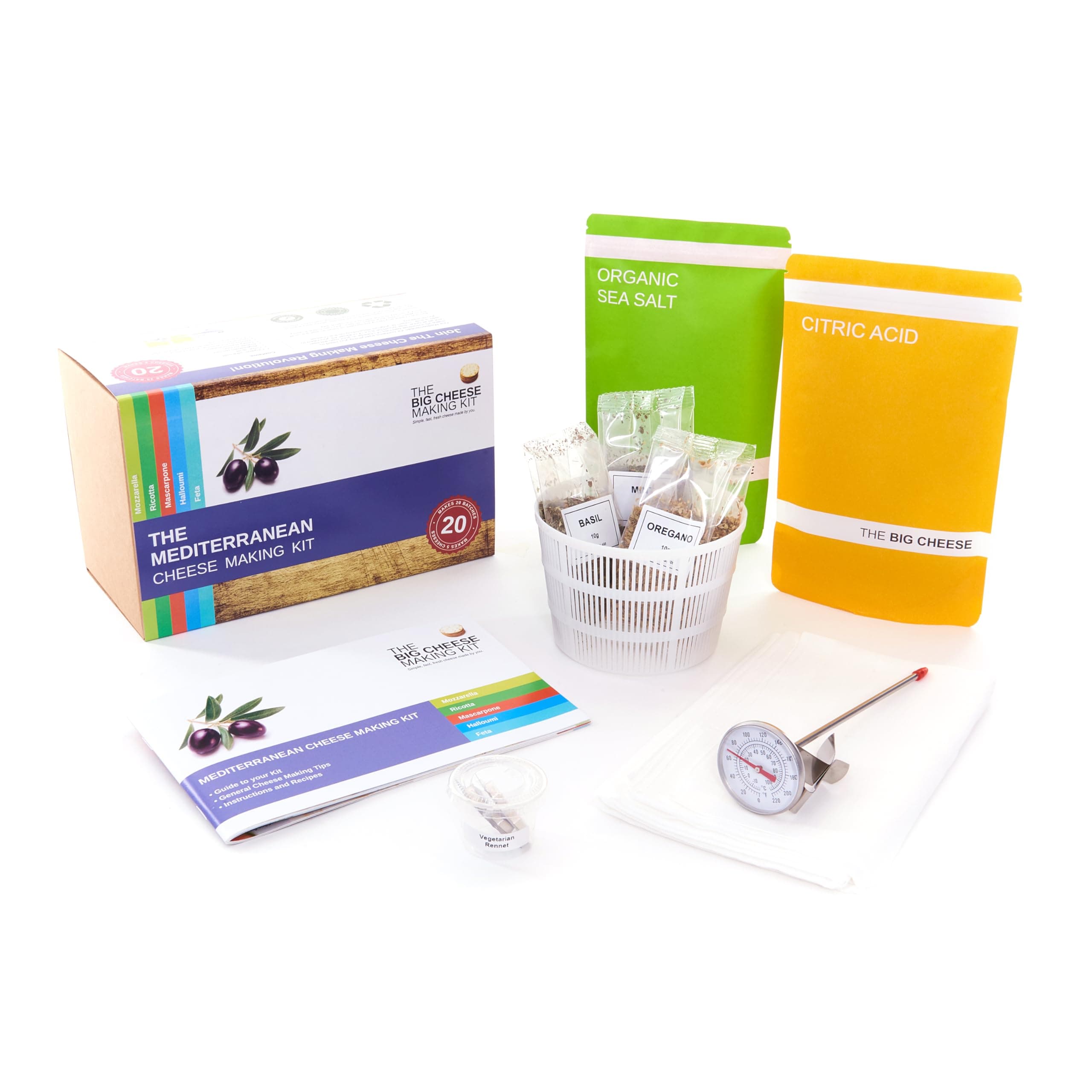 The Mediterranean Cheese Making Kit - Make 5 Easy Vegetarian and Gluten-Free Mascarpone and Mozzarella cheeses and more including Rennet for Cheese Making - Big Cheese Gifts for Men and Women