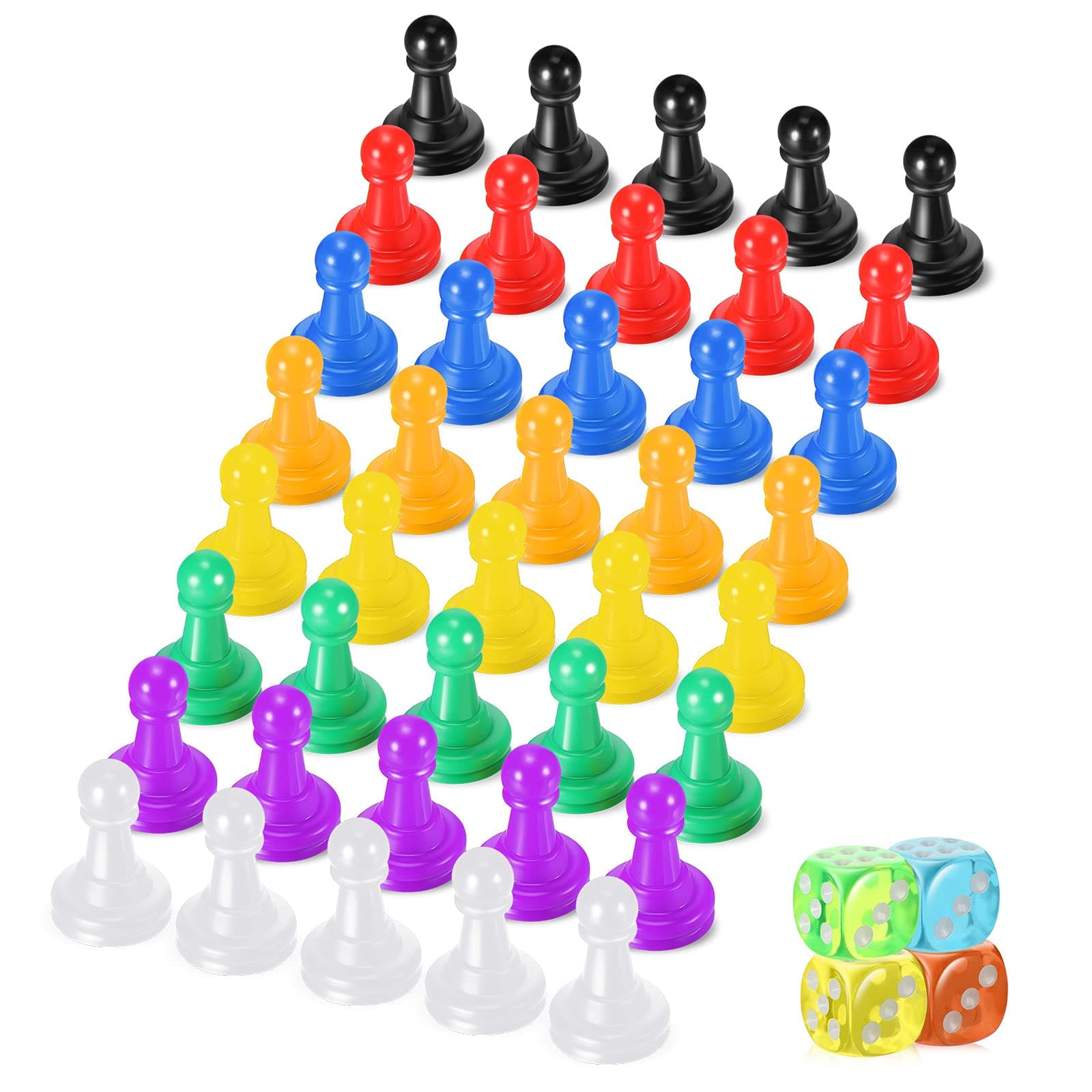 Zhanmai 40 Pcs Board Game Pieces Game Pawns Multicolored Plastic Chess Pawn Pieces for Board Play and 4 Pcs 6 Sided Round Corner Solid Color Dice for Chess Play Components Tabletop Markers