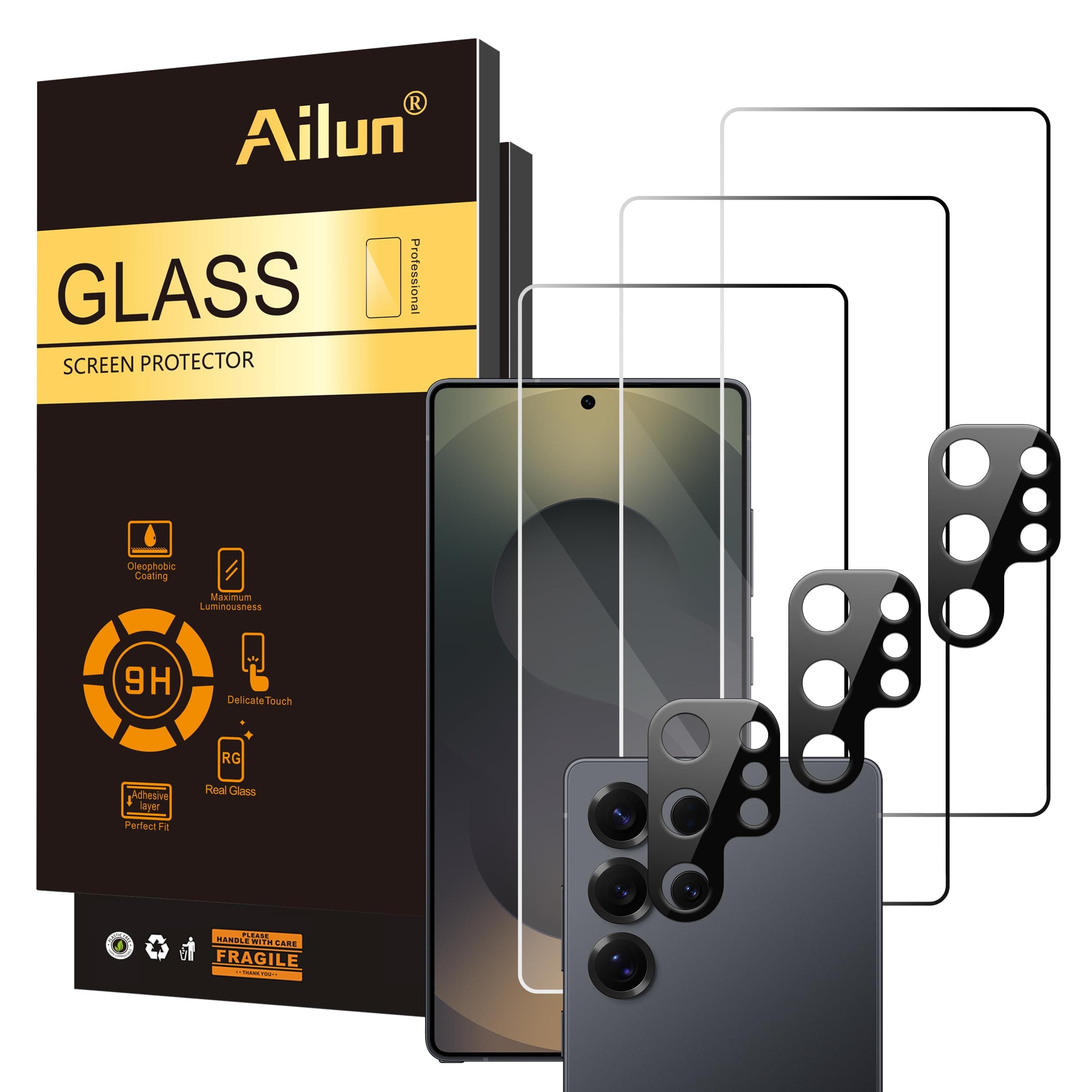 Ailun Glass Screen Protector for Galaxy S25 Ultra [6.9 Inch] 3Pack + 3Pack Camera Lens Tempered Glass Fingerprint Unlock 0.25mm Ultra Clear Anti-Scratch Case Friendly [Not For S25/S25 Plus]