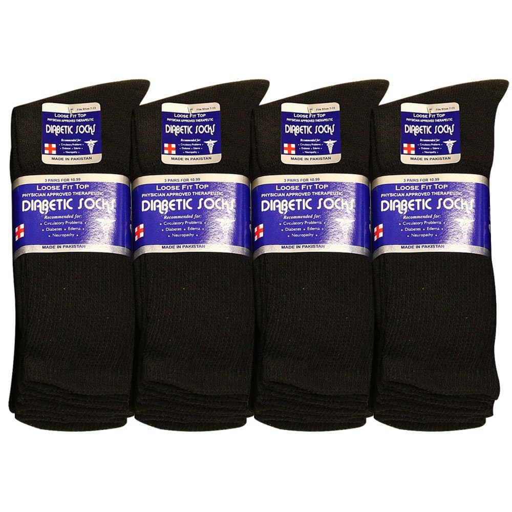 Physicians Approved Diabetic Socks For Men Women Non-Binding Loose Top Wide Crew Length, 12 Pairs Black, 10-13