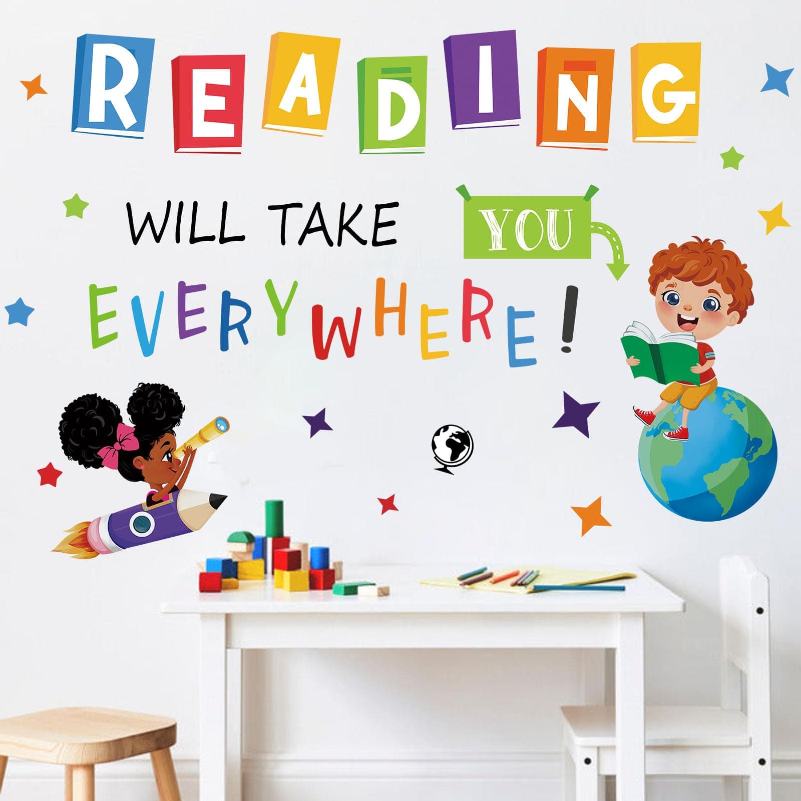 – decalmile Reading Corner Wall Decals Educational Reading Will Take You Everywhere Inspirational Quote Wall Stickers Reading Room Classroom Study Room Wall Decor
