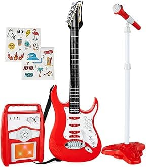 Best Choice Products - Electric Musical Guitar Set for Kids, Toy Guitar Starter Kit with 6 Demo Songs, Whammy Bar, Microphone, Amplifier, AUX, 2 Sheets Stickers, Red