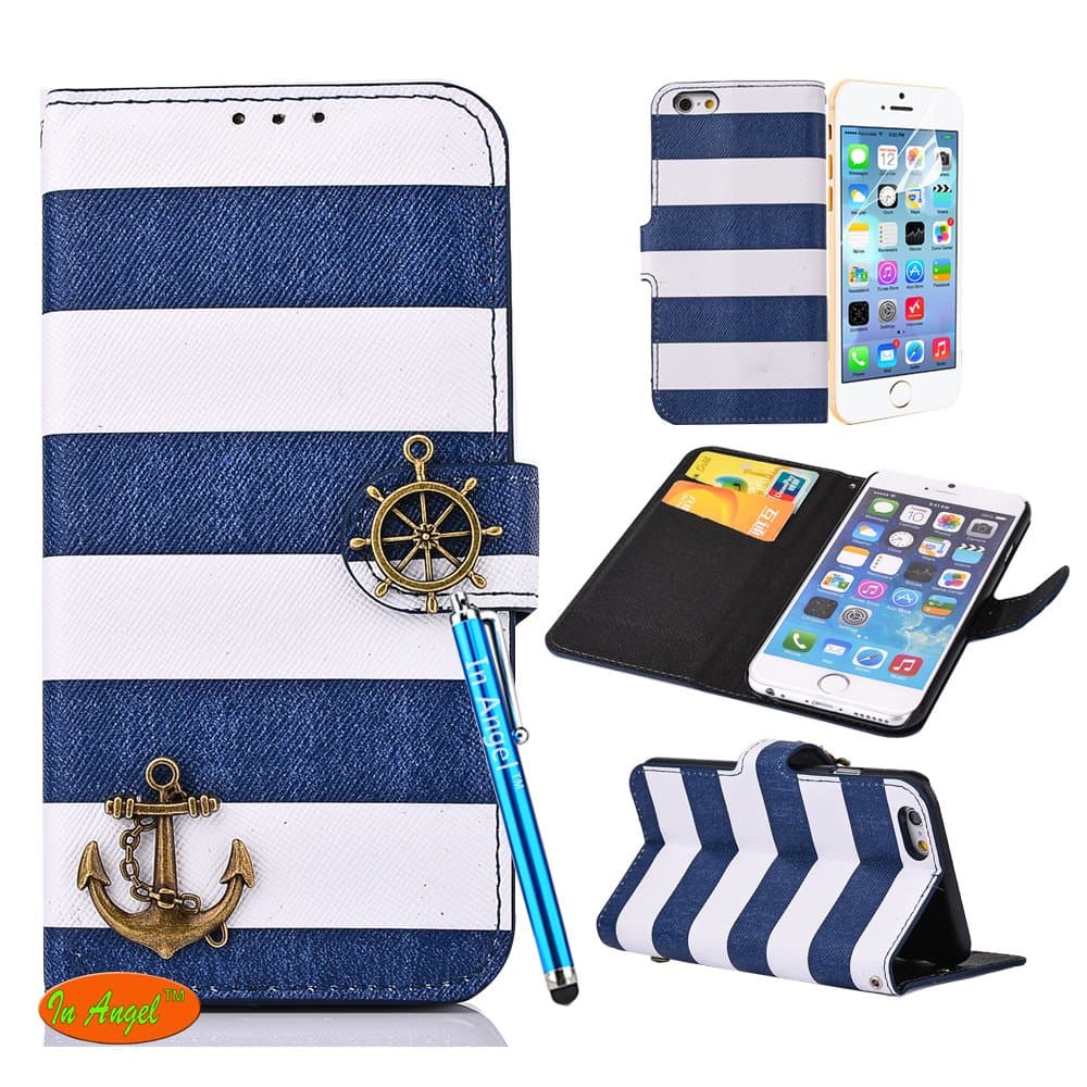 In Angel iPhone 6 Case Case Blue Fashion Folio Stripe Pattern Navy Ocean 3D Anchor Leather Wallet Flip Card Slot Stand Case- Stripe Blue