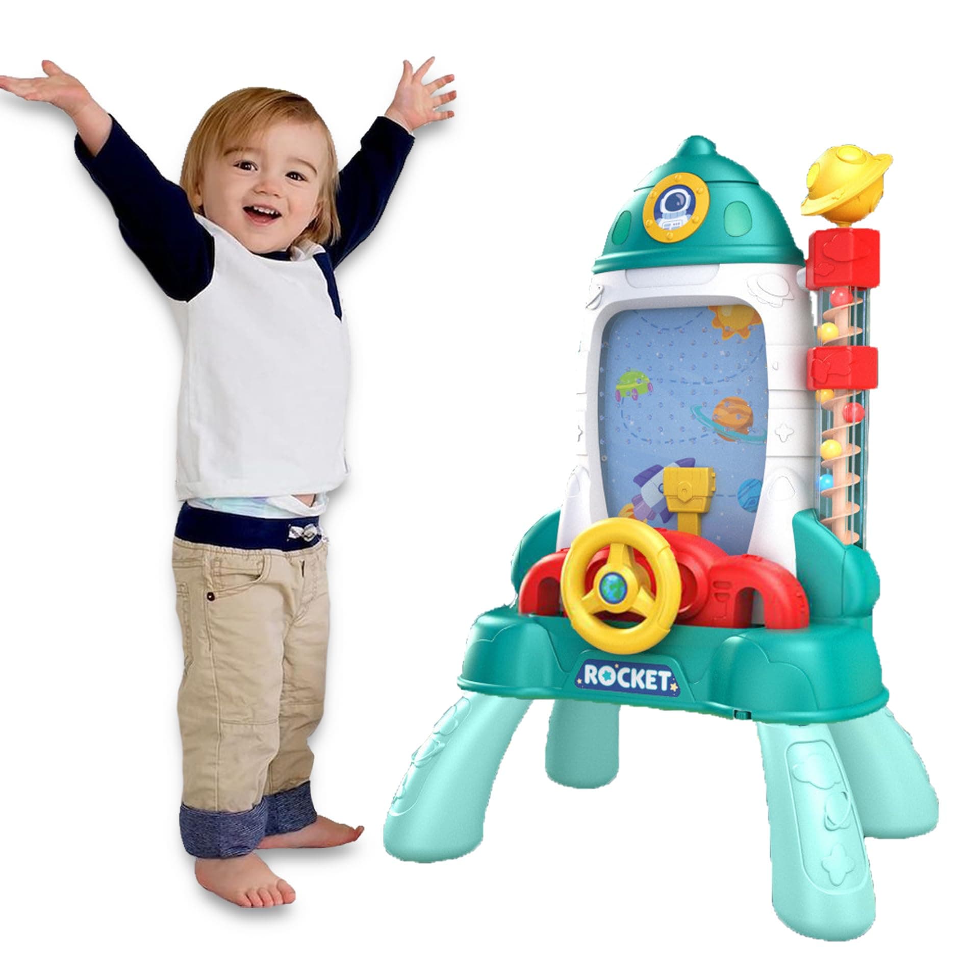 Coo11 Kids Space Rocket Arcade Game Toy Battery Operated Multiple Arcade Games with Light, Includes Planets Bead Game, Balls Catcher Machine Game, Indoor Toy for Boys & Girls Age 3 4 5 6 7 8 9