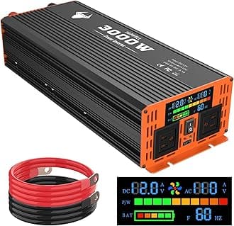- 3000 Watt Power Inverter, Car/Home 12V DC to 110V AC Converter, with LED Display, Dual AC Outlets, USB Port, Dual Smart Fans, Cables Included, Suitable for Home, RV