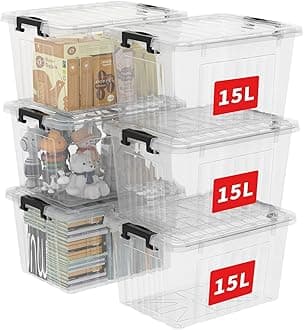 15L*6 Storage Boxes with Lids, Plastic Storage Bins with Latching Buckles, Click Closure, Stackable, Nesting, Organizer for Home Office Clothes, Clear, 15L-6 Pack