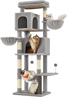 Feandrea Cat Tree, 69-Inch Tall Cat Tower for Indoor Cats, Multi-Level Cat Condo with 2 Caves, 2 Baskets, 5 Scratching Posts, Self-Groomer, Perch, Hammock, Dove Gray UPCT182G01