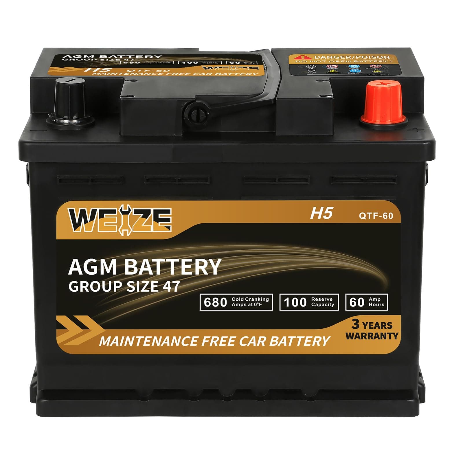 Weize Platinum AGM Battery BCI Group 47-12v 60ah H5 Size 47 Automotive Battery, 100RC, 680CCA, 36 Months Warranty, Dimensions 9.52" L x 6.89" W x 7.48" H