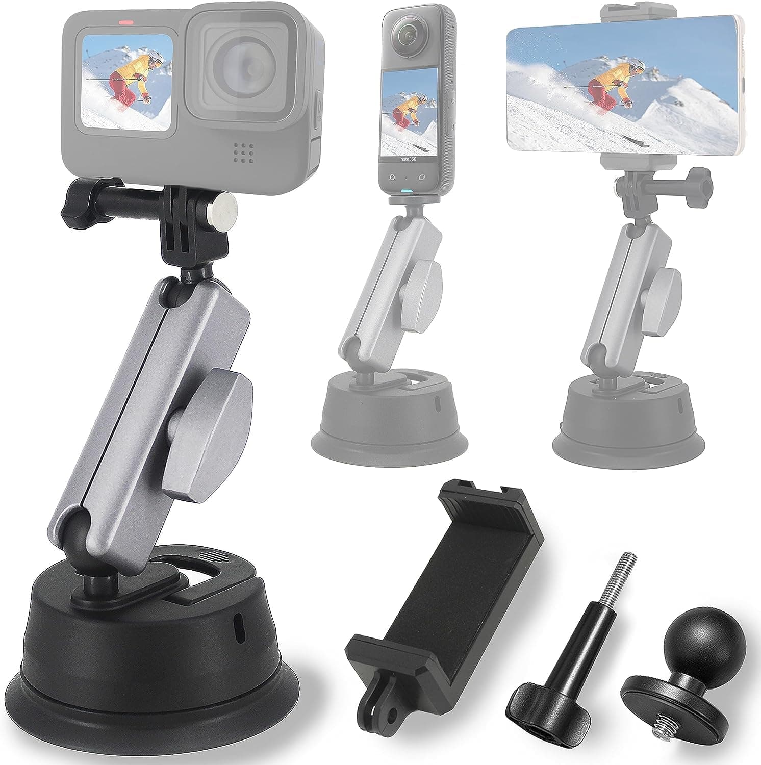 ADOFYSAluminum Alloy Suction Cup Mount with 1/4 Thread and Phone Holder for GoPro Max Mini Hero 12 11 10 9 8 7 6 Insta360 DJI Action Accessories