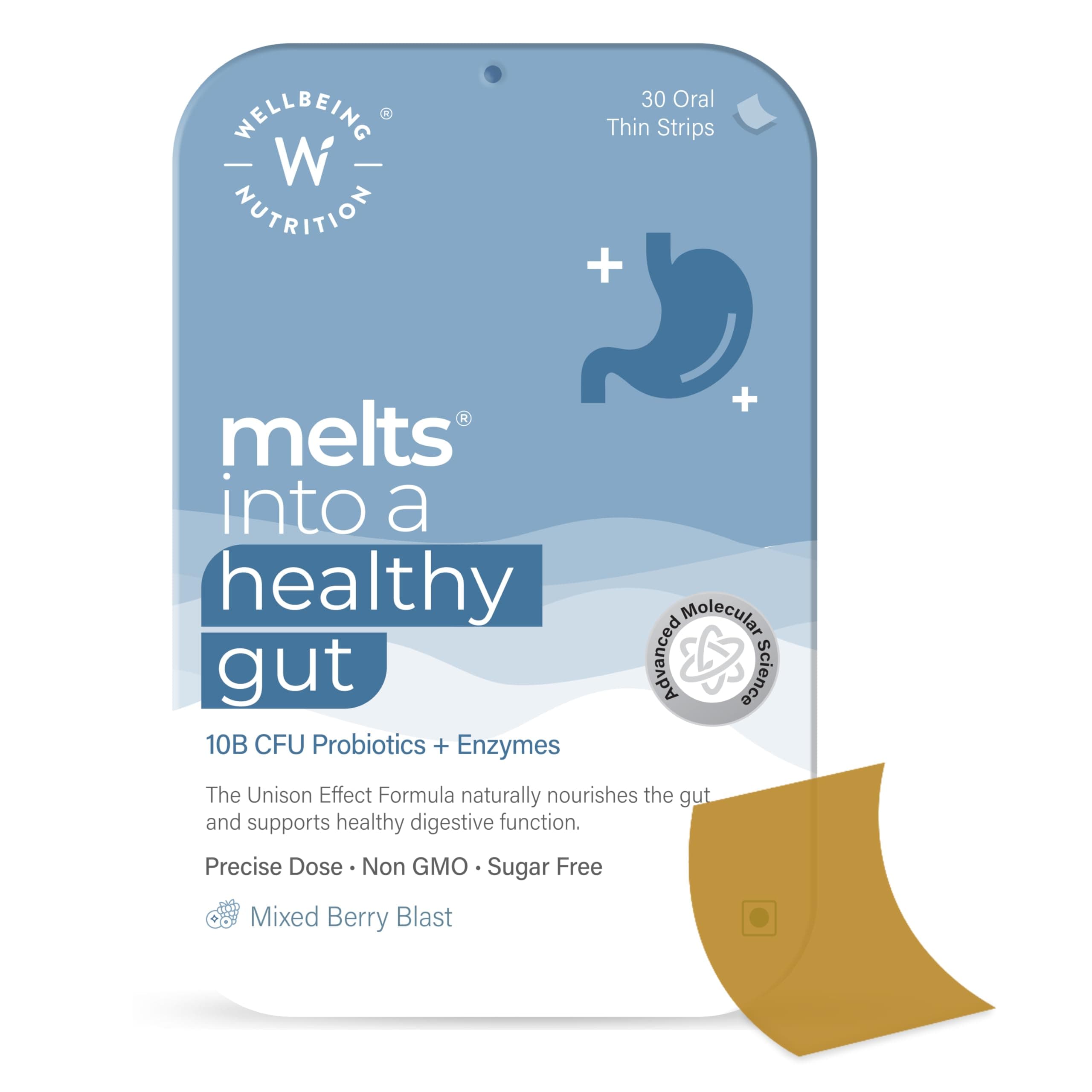 Wellbeing Nutrition Melts Healthy Gut |Plant Based Probiotic 10B CFU, Digestive Enzyme (Protease & Papain) with Organic Apple Cider Vinegar for Indigestion, Gas, Acidity and Bloating (30 Oral Strips)