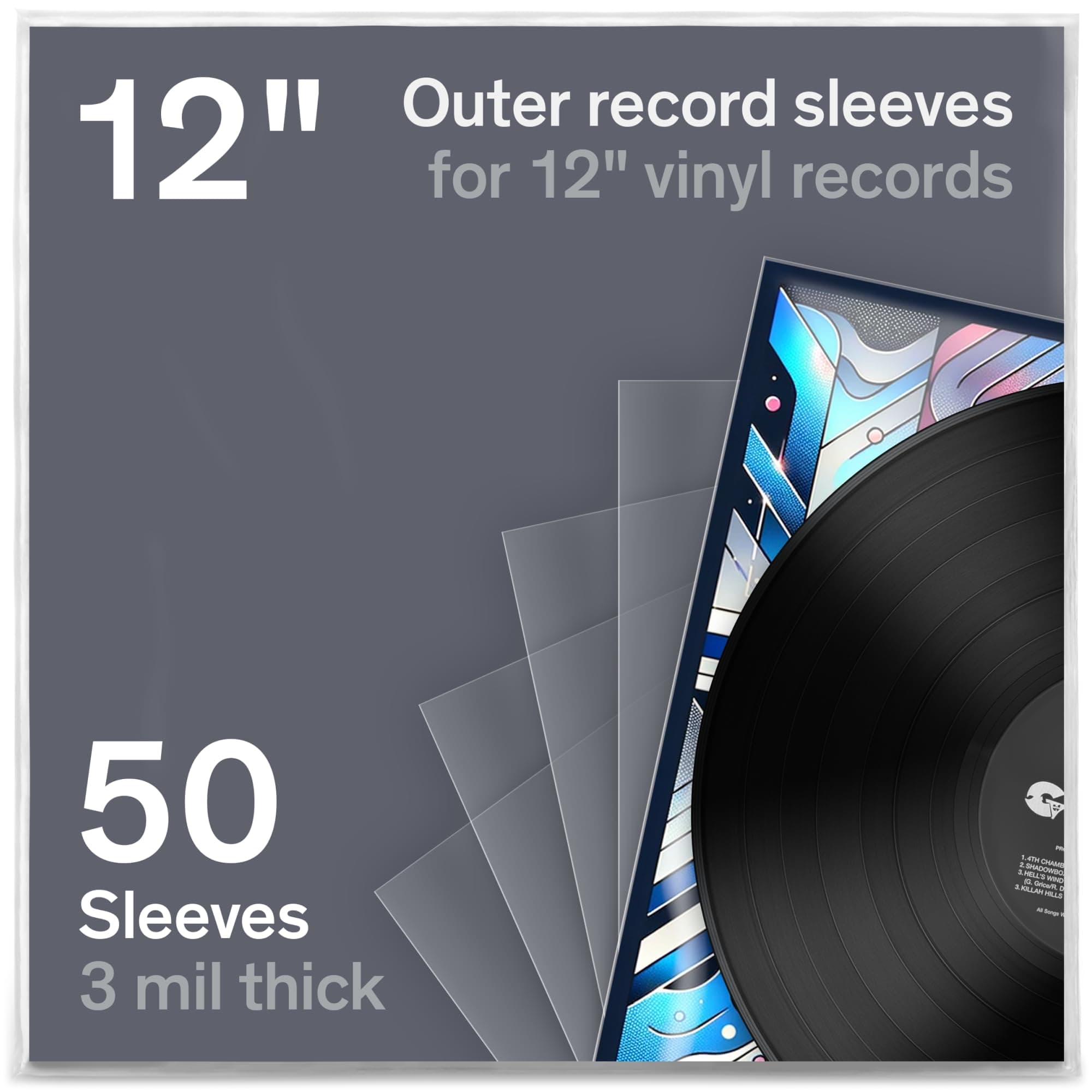 Vinyl Record Sleeves - 50 x Premium Outer Vinyl Sleeves for Records - 12.75" x 12.75" Heavy Duty 3 Mil Thick Crystal Clear Polypropylene