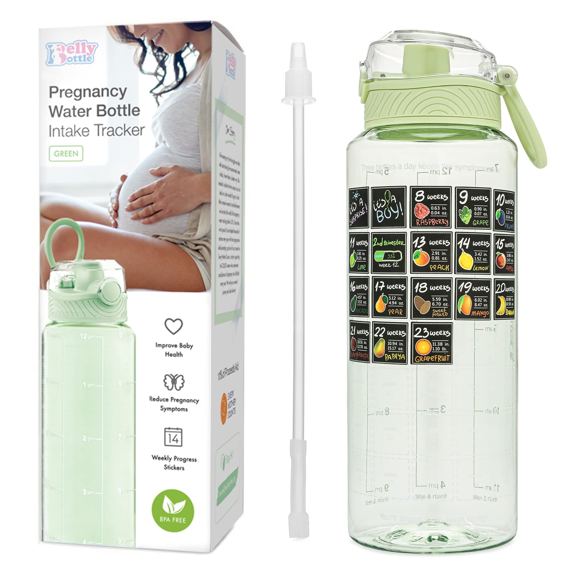 Pregnancy Water Bottle Tracker Must Haves for Expecting Moms Nausea Relief + Straw + BPA Free Green