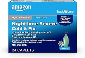 - Amazon Basic Care Nighttime Severe Cold and Flu Relief Caplets, Vapor Ice, 24 Count