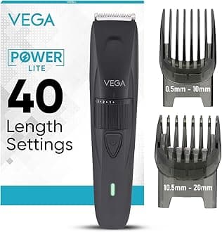 Vega Trimmer Men Beard with 90 Mins Runtime, Stainless Steel Blades & 40 Length Settings, 2 Comb Attachment, Cord and Cordless Use, Trimmers for Man, Black, (Power Lite, VHTH-38)
