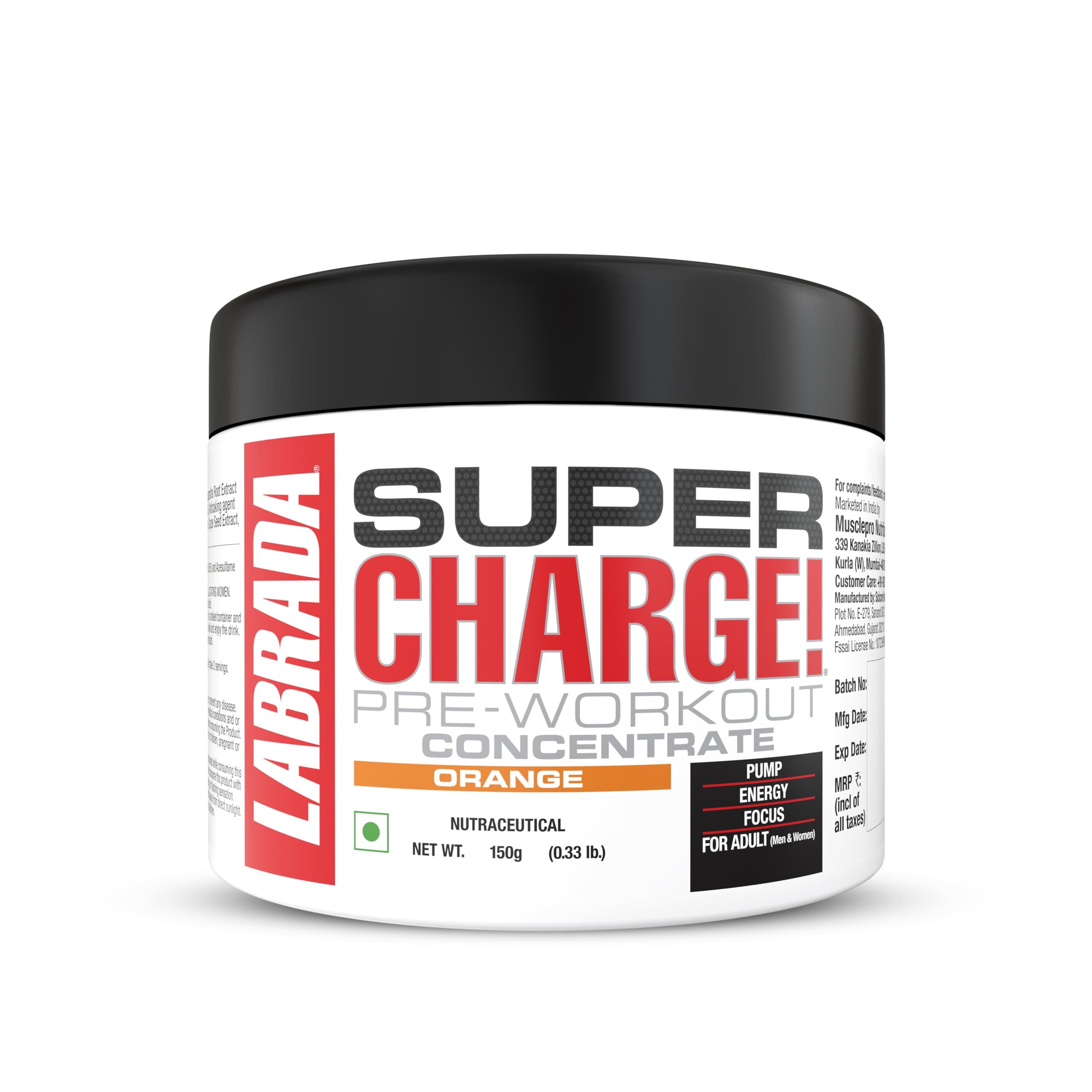 - Labrada Super Charge Pre-Workout Concentrate 150g, Orange (30 Servings | 0.75g L-Arginine | 375mg L-Citrulline Malate | 2g Beta Alanine | 150mg Caffeine Anhydrous | 250mg Ashwagandha Extract)