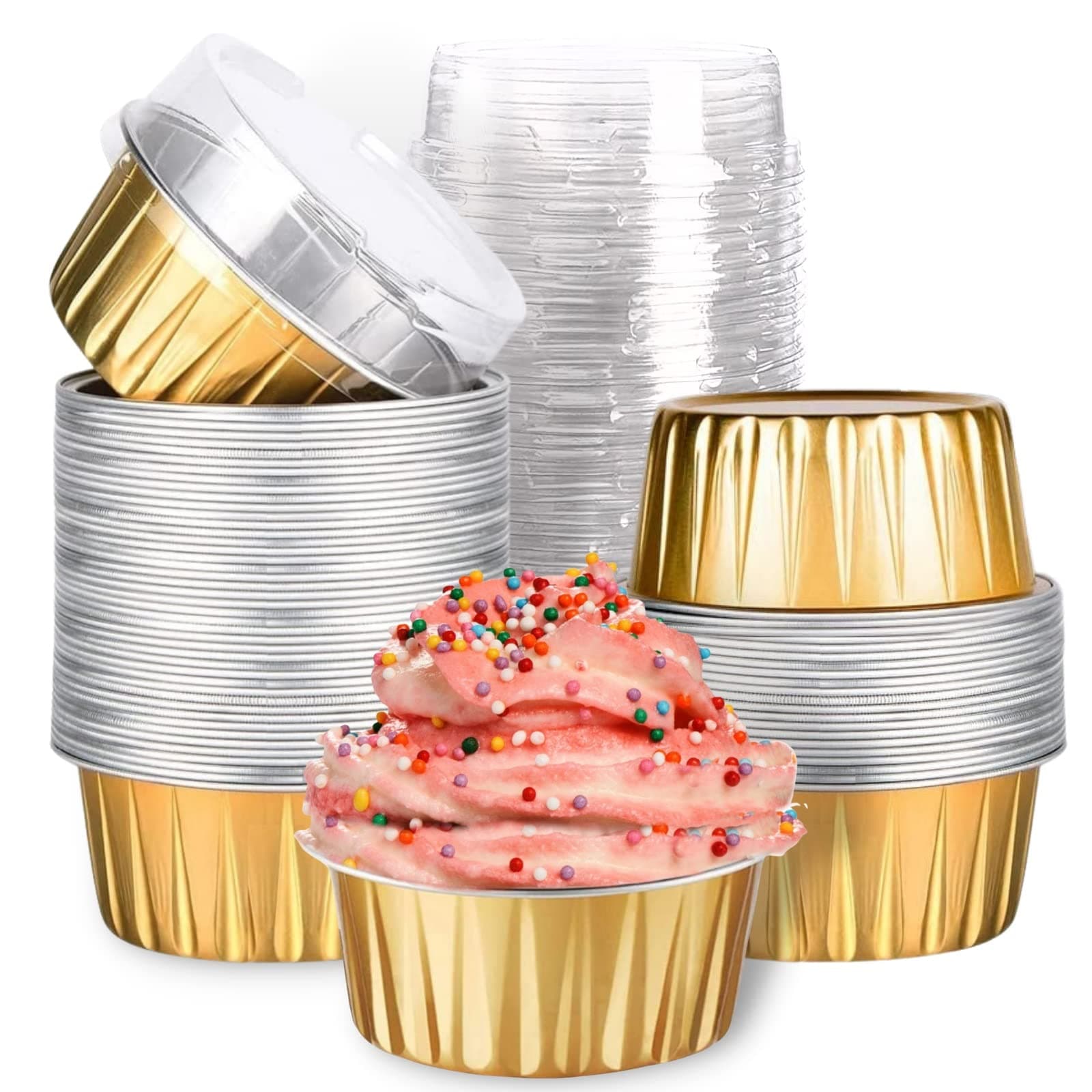 Mini Aluminum Foil Cupcake Baking Cups with Lids (40pcs, 5oz) Round Cupcake Foil Liners Tart Pie Tin Pan Holder - Disposable Mini Cake Containers Flan Molds for Pudding, Souffle, Party, Wedding